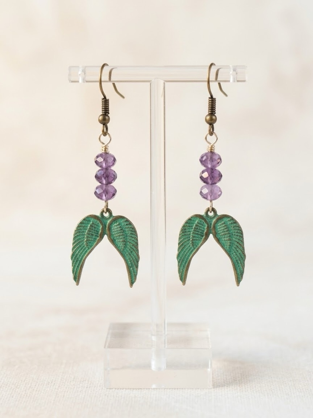 Amethyst & Patina Angel Wing Earrings, Mixed Metal Boho Dangle⁠ Handcrafted